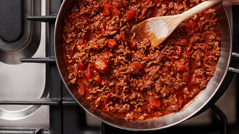 sizzling beef mince in a pan