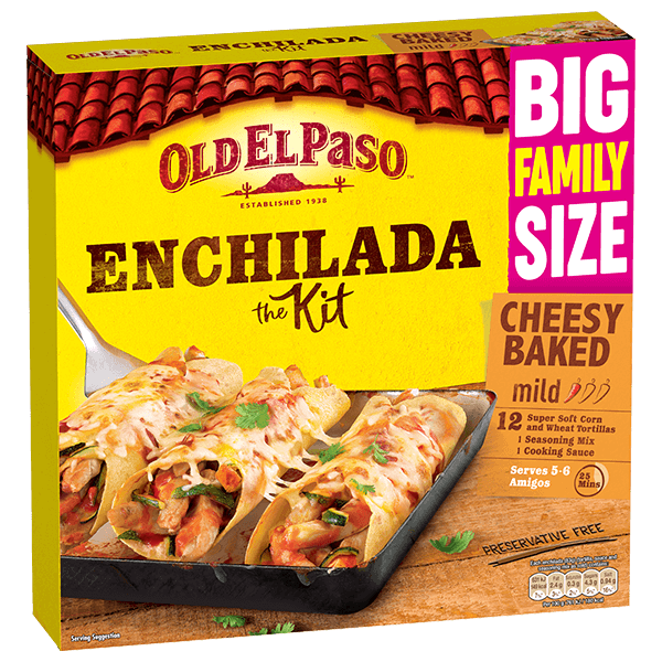 pack of Old El Paso's big family size mild cheesy baked enchilada kit containing 12 soft corn & wheat tortillas, seasoning mix & cooking sauce (995g)