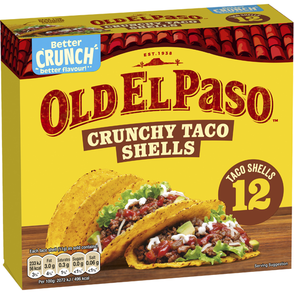 Crunchy Taco Shells packaging with 12 crunchy taco shells displayed on a yellow box.
