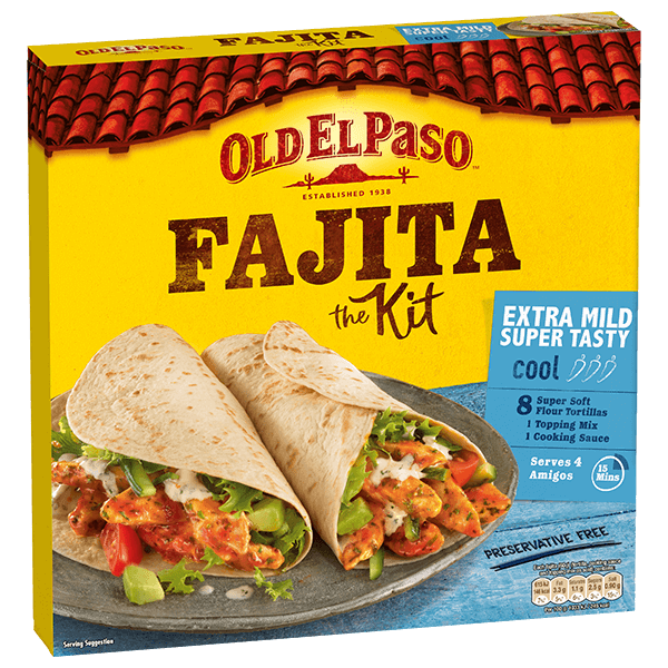 pack of Old El Paso's extra mild super tasty fajita kit containing tortillas, spice mix and cooking sauce (476g)