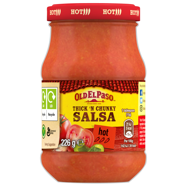 Old El Paso Thick ’N Chunky Salsa, hot, 226 g jar with red lid labeled HOT