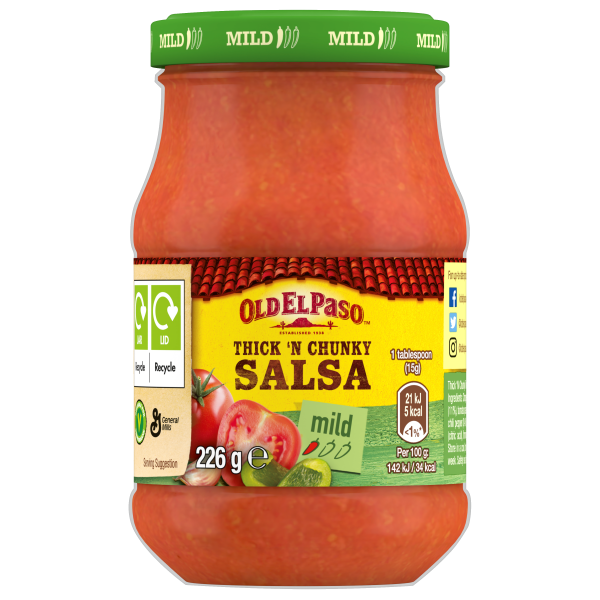 Old El Paso Thick ’n Chunky Salsa, mild, 226 g jar with green lid labeled MILD