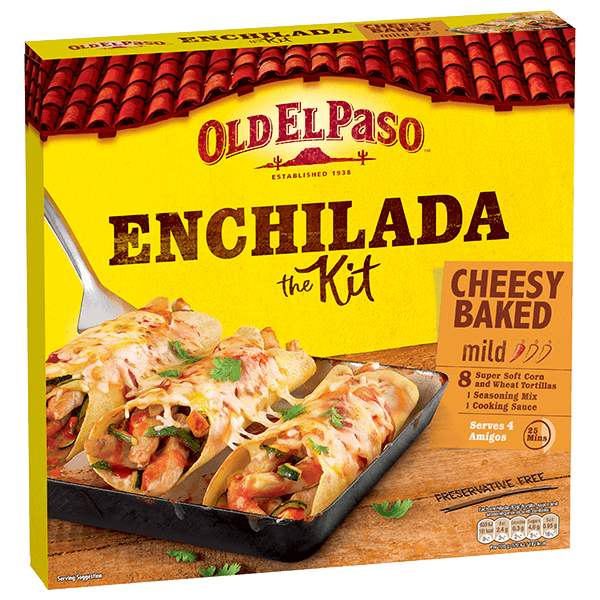 pack of Old El Paso's cheesy baked enchilada kit containing corn and wheat tortillas, cooking sauce & seasoning mix (663g)
