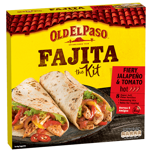 pack of Old El Paso's fiery jalapeno & tomato hot fajita kit containing super soft tortillas, seasoning mix & salsa (500g)