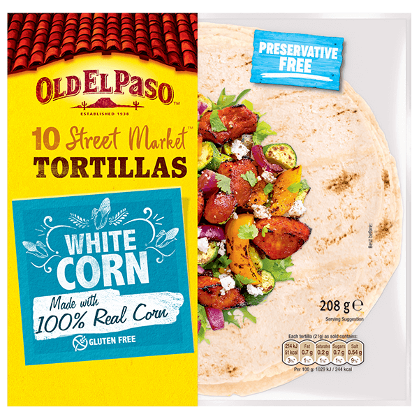 pack of Old El Paso's 10 gluten free white corn street market tortillas (208g)