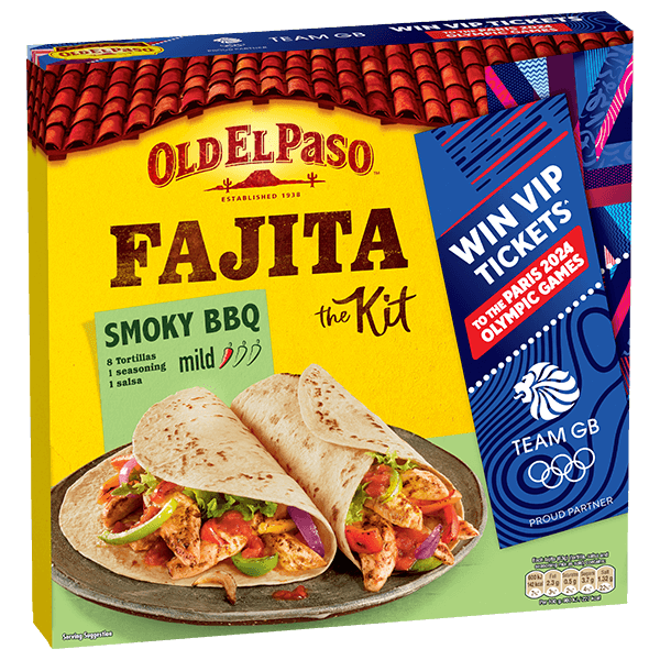 pack of Old El Paso's smoky bbq mild fajita kit promoting paris olympic competition (500g)