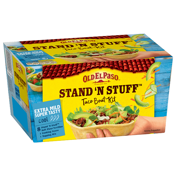 pack of Old El Paso's extra mild super tasty Stand N Stuff taco boat kit (329g)