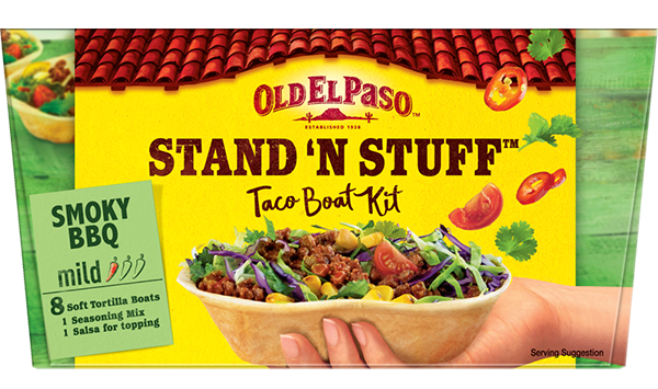 pack of Old El Paso's mild stand n stuff smoky bbq taco kit containing taco boats, seasoning mix & salsa