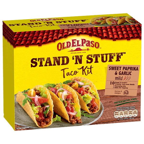 pack of Old El Paso's sweet paprika & garlic mild stand n stuff taco kit containing taco shells, seasoning mix & salsa (312g)